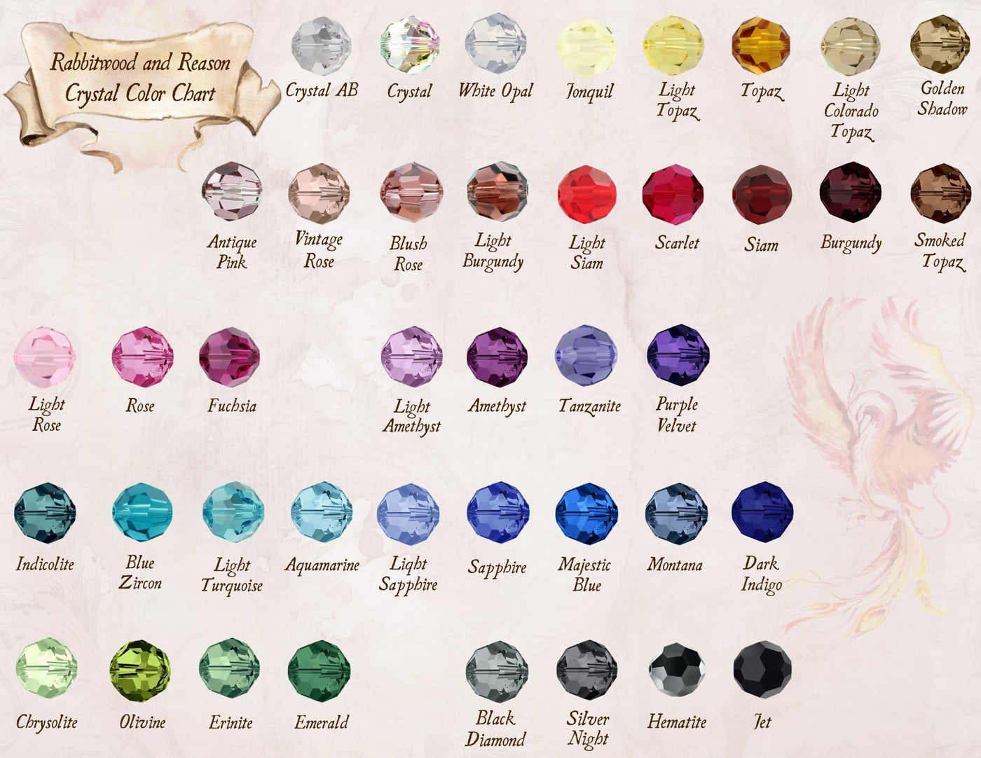 Rabbitwood and Reason Crystal Bead Color Chart