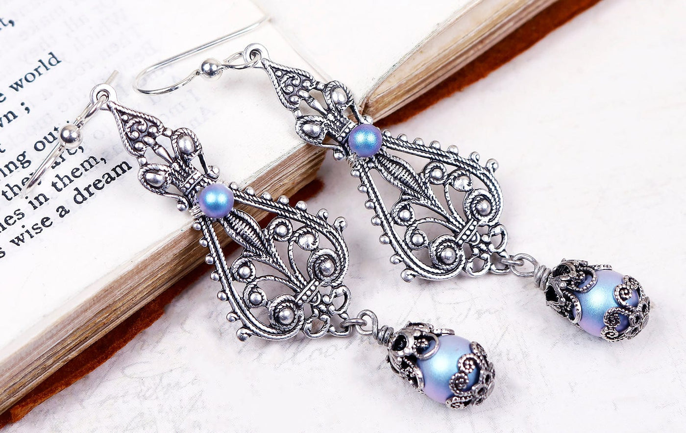 Fiora Earrings in Iridescent Light Blue Pearl and Antiqued Silver by Rabbitwood and Reason