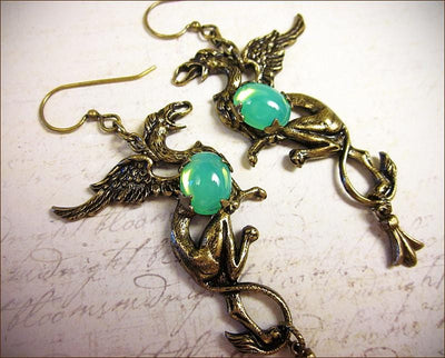Gryphon Earrings - Spring Green - Antiqued Brass - Rabbitwood & Reason