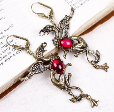 Gryphon Earrings - Ruby - Antiqued Brass - Rabbitwood & Reason