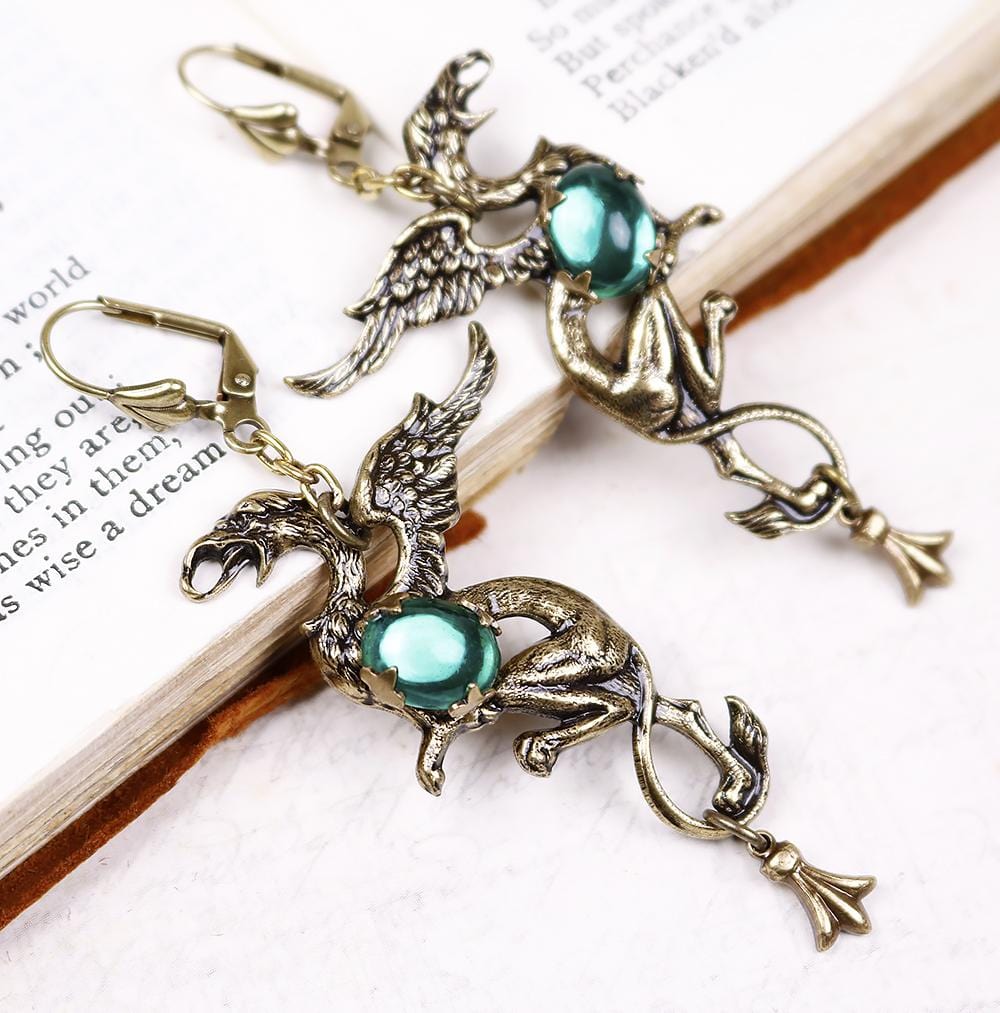 Gryphon Earrings - Emerald - Antiqued Brass - Rabbitwood & Reason