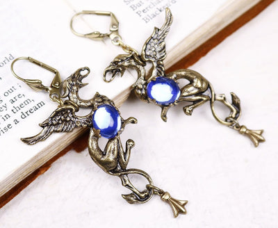 Gryphon Earrings - Sapphire - Antiqued Brass - Rabbitwood & Reason