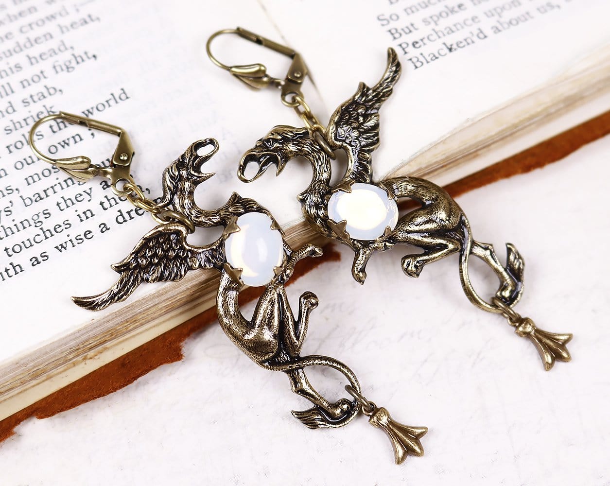 Gryphon Earrings - White Opal - Antiqued Brass - Rabbitwood & Reason