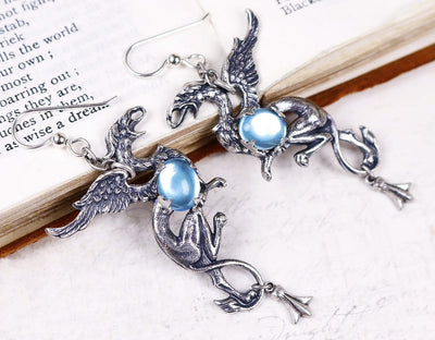 Gryphon Earrings - Aquamarine - Antiqued Silver - Rabbitwood & Reason
