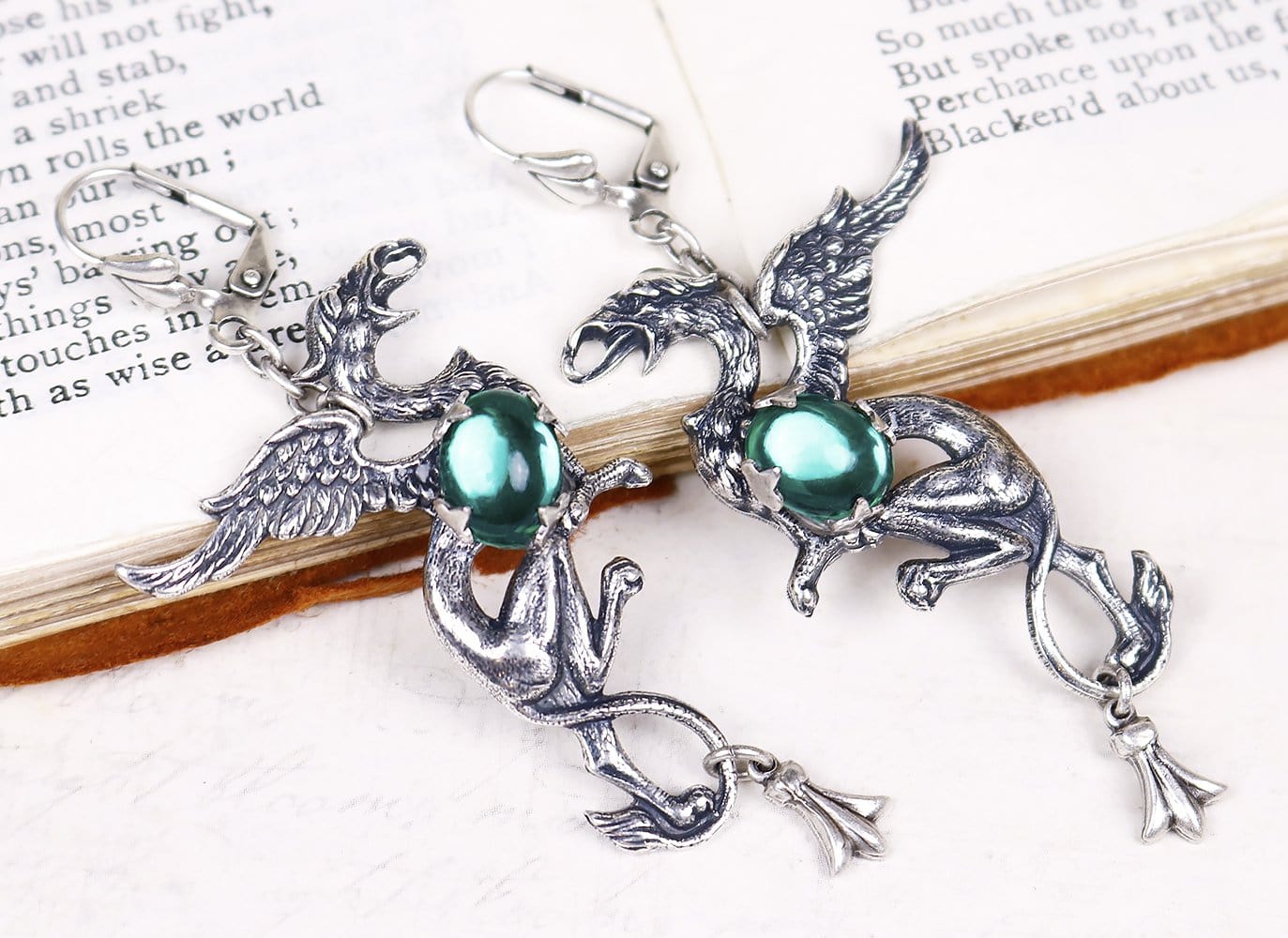 Gryphon Earrings - Emerald - Antiqued Silver - Rabbitwood & Reason