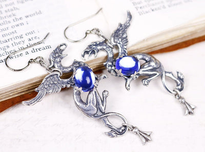 Gryphon Earrings - Sapphire - Antiqued Silver - Rabbitwood & Reason