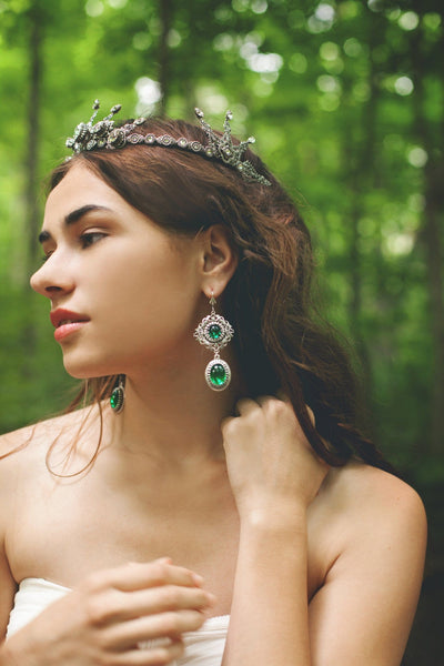 Lucia Earrings - Emerald - Antiqued Silver - Rabbitwood & Reason - Photo: La Candella Weddings