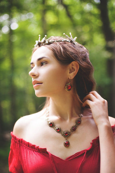 Medieval Earrings Antiqued Brass - Ruby - Rabbitwood & Reason - Photo by La Candella Weddings
