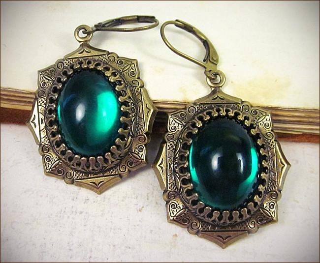 Medieval Earrings Antiqued Brass - Emerald - Rabbitwood & Reason