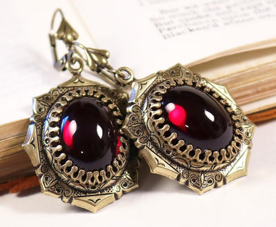 Medieval Earrings Antiqued Brass - Garnet - Rabbitwood & Reason