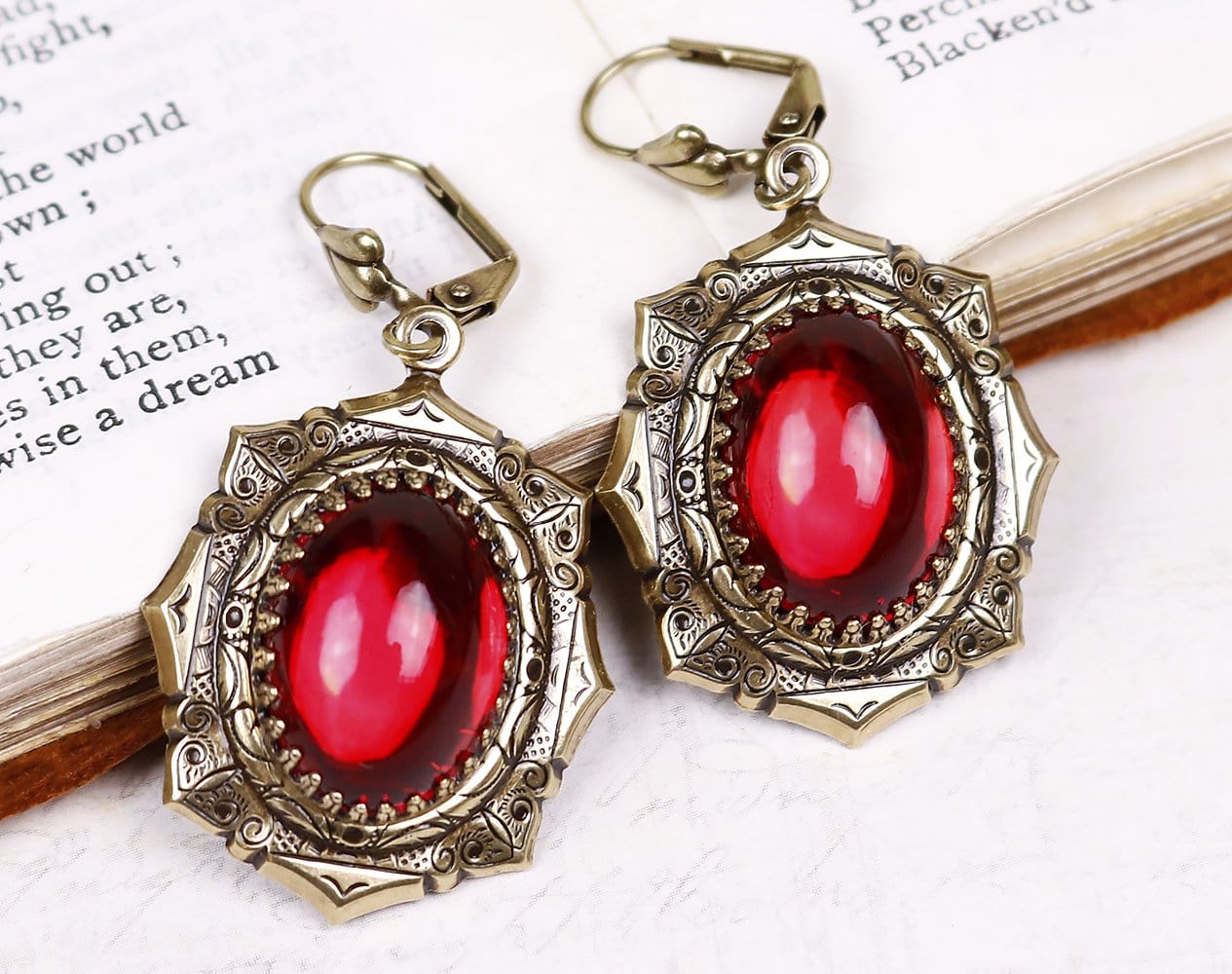 Medieval Earrings Antiqued Brass - Ruby - Rabbitwood & Reason