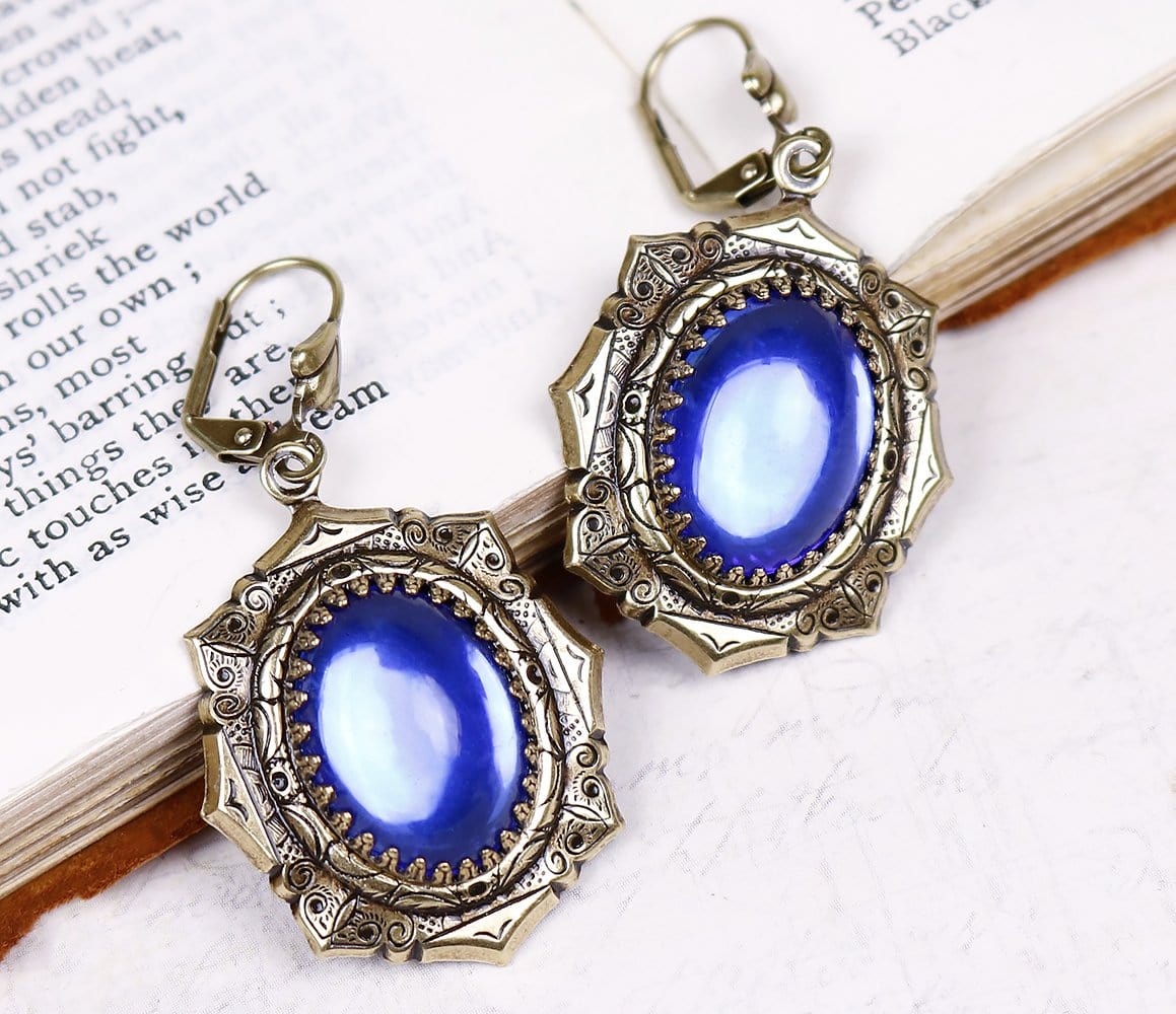 Medieval Earrings Antiqued Brass - Sapphire - Rabbitwood & Reason