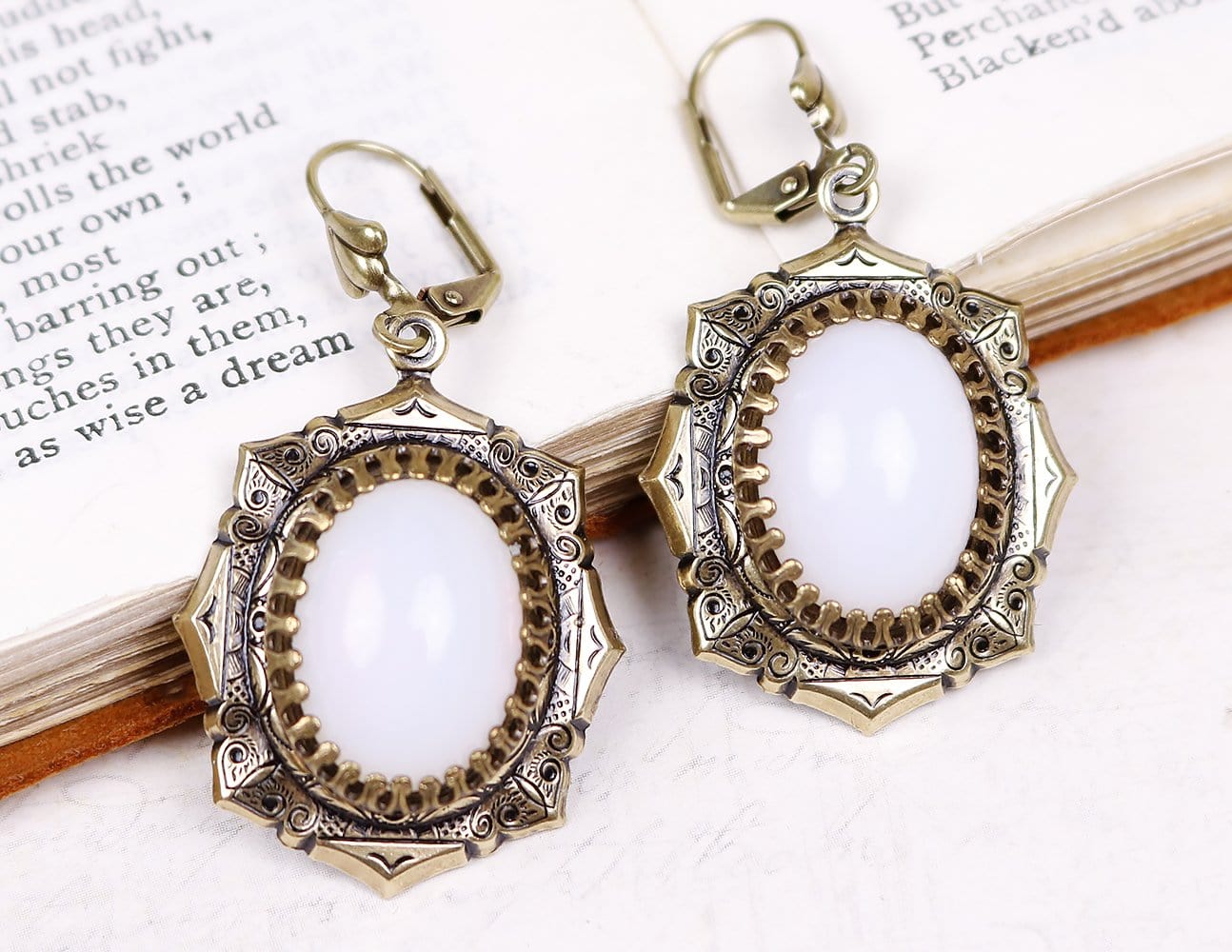 Medieval Earrings Antiqued Brass - White Opal - Rabbitwood & Reason