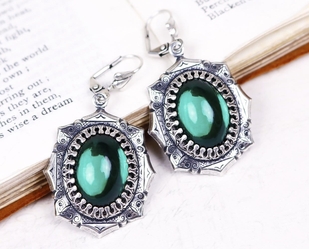 Medieval Earrings Antiqued Silver - Emerald - Rabbitwood & Reason