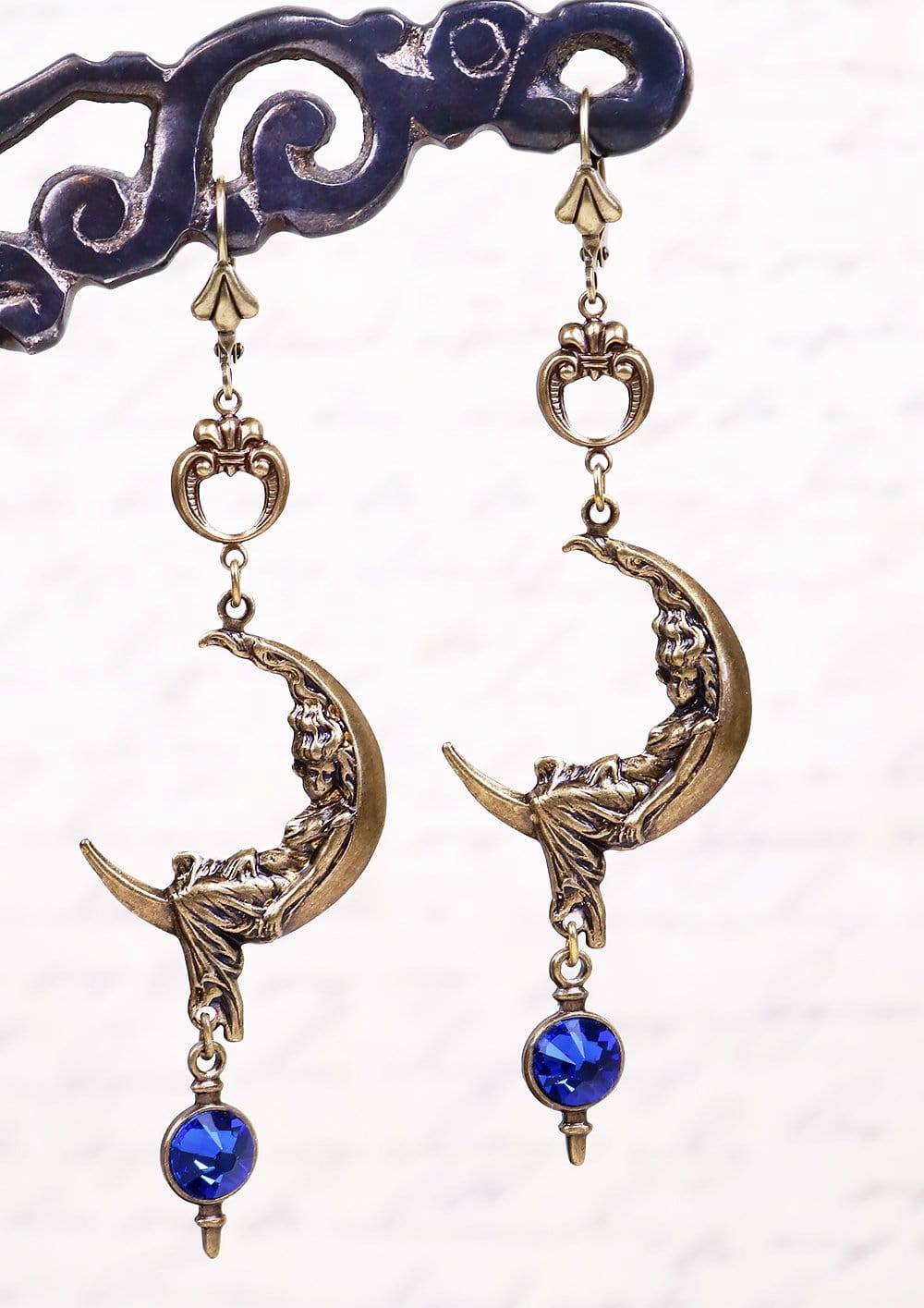 Moon Goddess Earrings - Capri Blue - Antiqued Brass - Rabbitwood & Reason