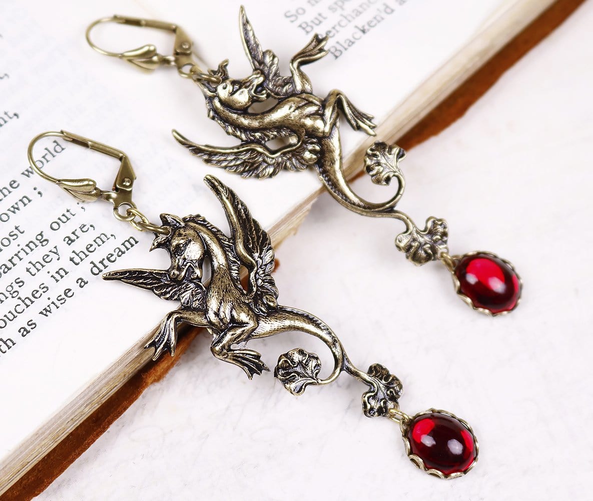 Poseidon's Steed Earrings - Ruby - Antiqued Brass - Rabbitwood & Reason