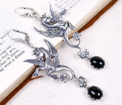 Poseidon's Steed Earrings - Black - Antiqued Silver - Rabbitwood & Reason