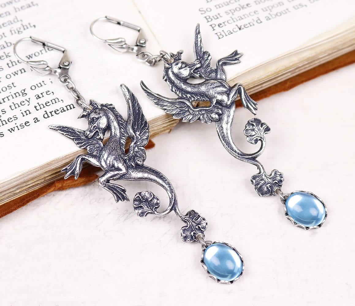 Poseidon's Steed Earrings - Aquamarine - Antiqued Silver - Rabbitwood & Reason
