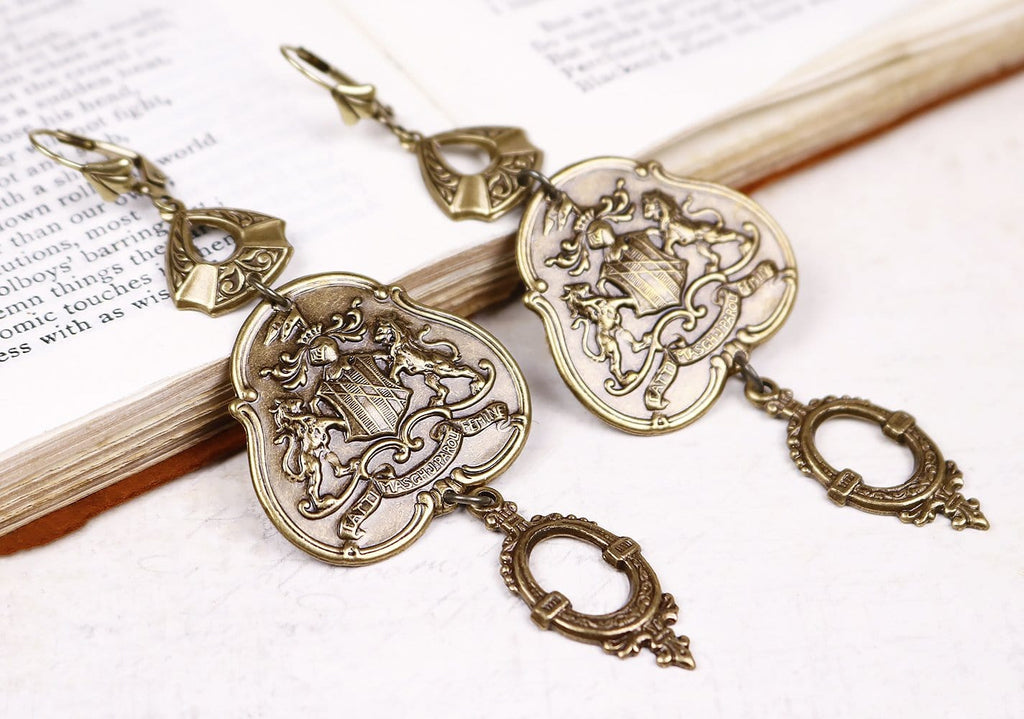 Regal Crest Chandelier Earrings - Antiqued Brass