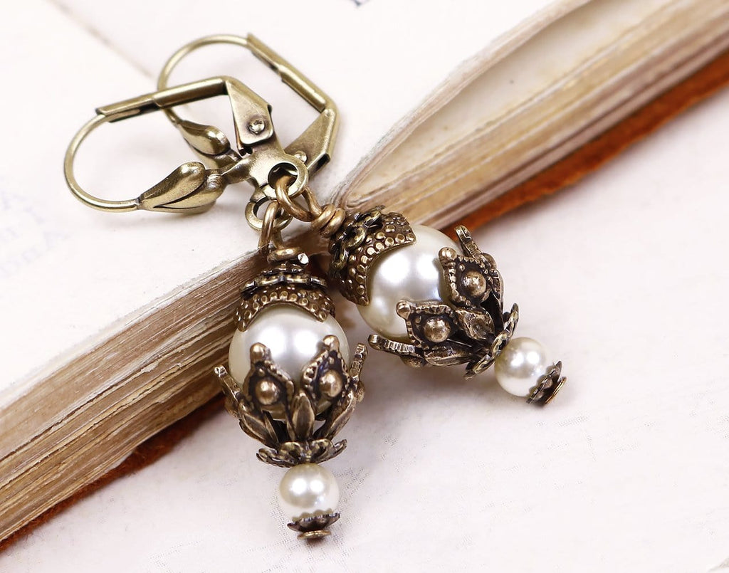 Rhiannon Earrings Antiqued Brass - Cream Pearl - Rabbitwood & Reason