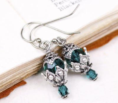 Rhiannon Earrings Antiqued Silver - Emerald - Rabbitwood & Reason