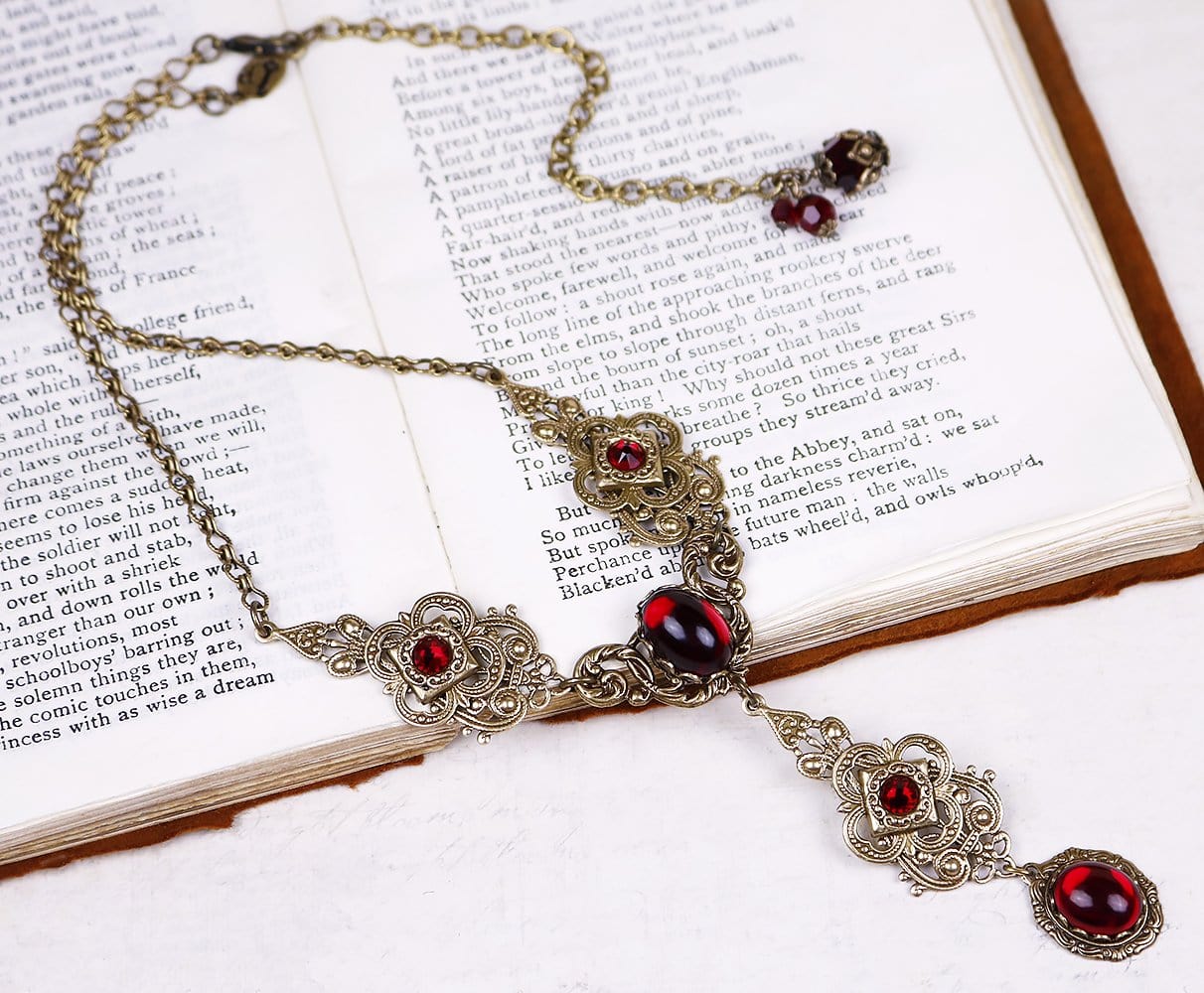 Avalon Ornate Necklace in Garnet and Antiqued Brass by Rabbitwood & Reason
