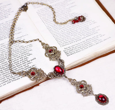Avalon Ornate Necklace in Ruby and Antiqued Brass by Rabbitwood & Reason