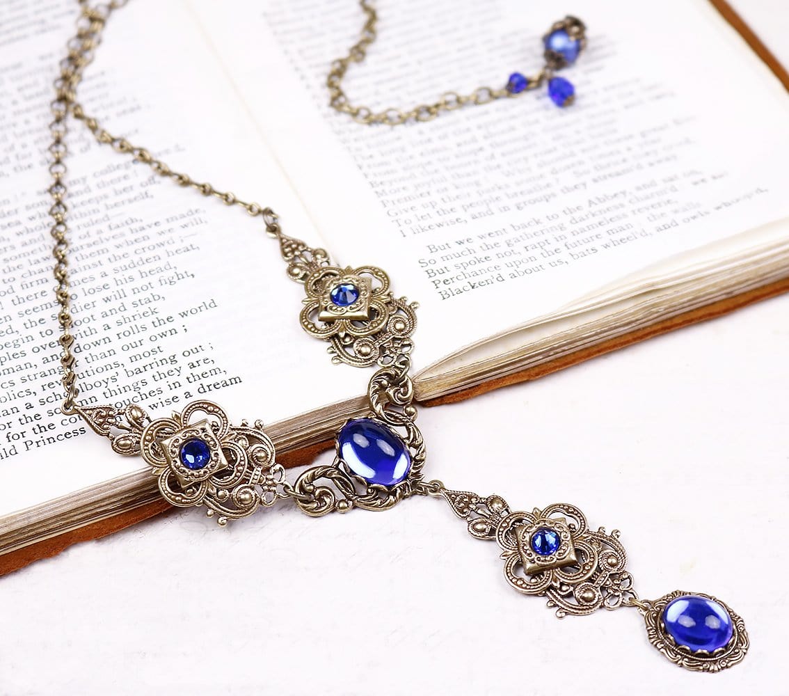Avalon Ornate Necklace in Sapphire and Antiqued Brass by Rabbitwood & Reason