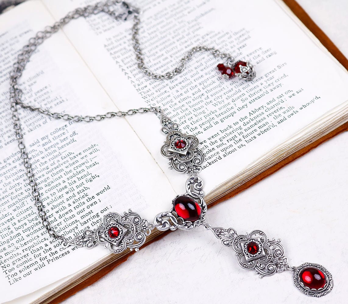 Avalon Ornate Necklace in Garnet and Antiqued Silver by Rabbitwood and Reason