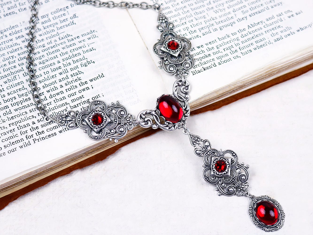 Avalon Ornate Necklace in Ruby and Antiqued Silver by Rabbitwood and Reason