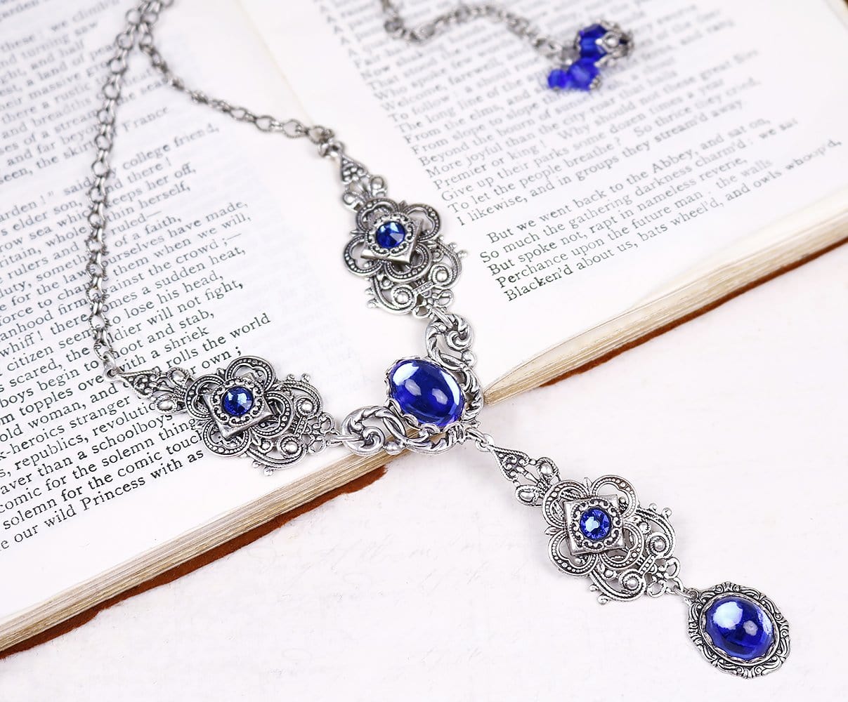 Avalon Ornate Necklace in Sapphire and Antiqued Silver by Rabbitwood and Reason