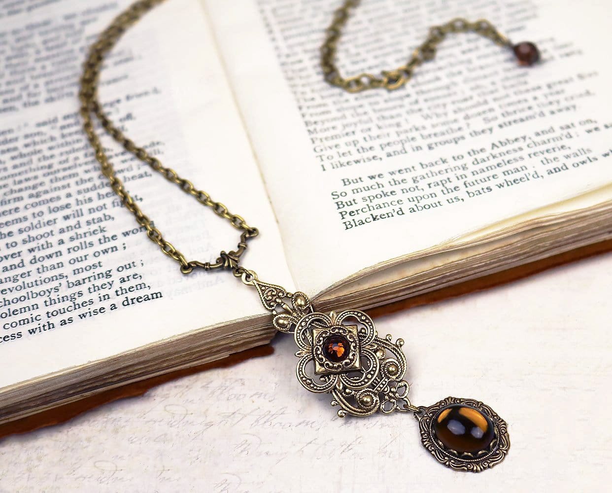 Avalon Pendant Necklace in Smoked Topaz and Antiqued Brass by Rabbitwood and Reason