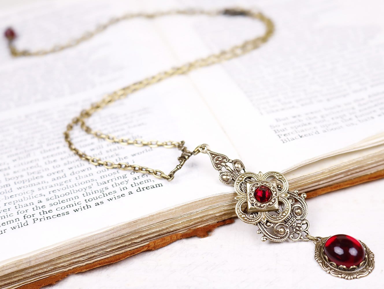 Avalon Pendant Necklace in Garnet and Antiqued Brass by Rabbitwood and Reason