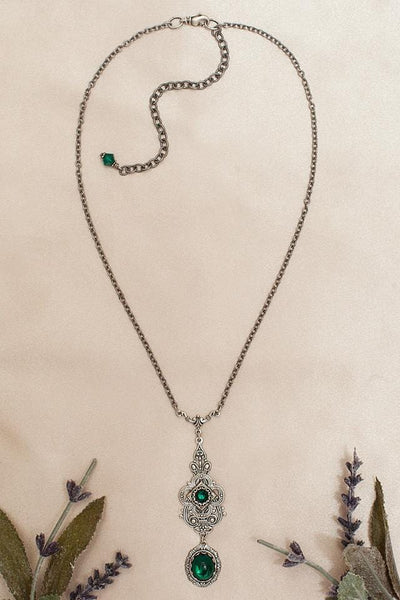 Avalon Pendant Necklace in Emerald and Antiqued Silver by Rabbitwood and Reason. Photo by La Candella Weddings