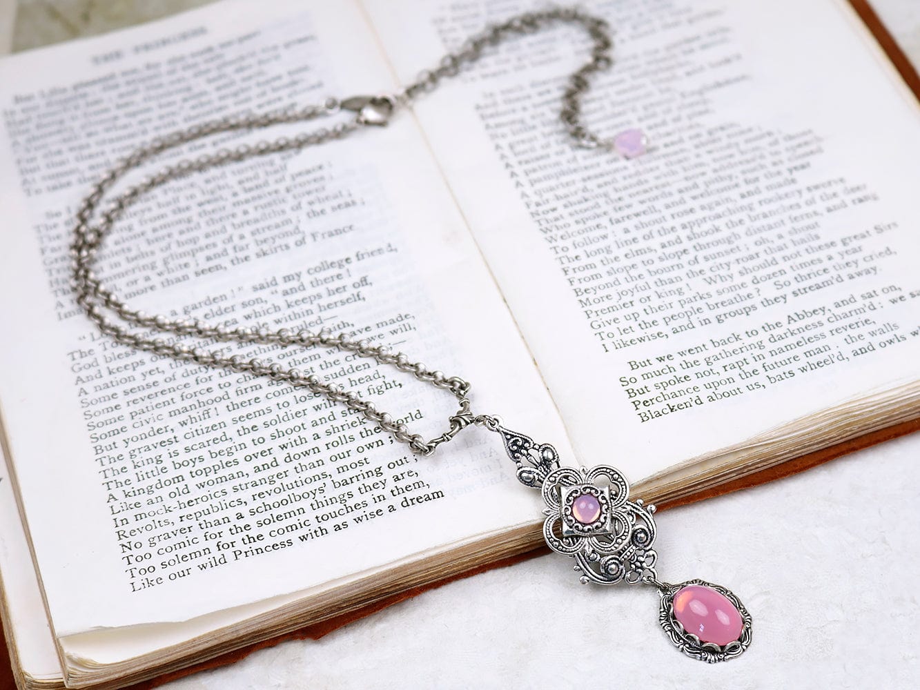 Avalon Pendant Necklace in Cherry Blossom Opal and Antiqued Silver by Rabbitwood and Reason