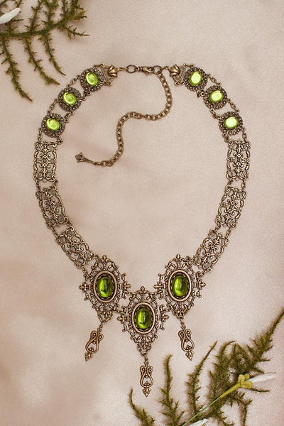 Chateau Necklace in Olivine and Antiqued Brass by Rabbitwood and Reason.  Photo by La Candella Weddings
