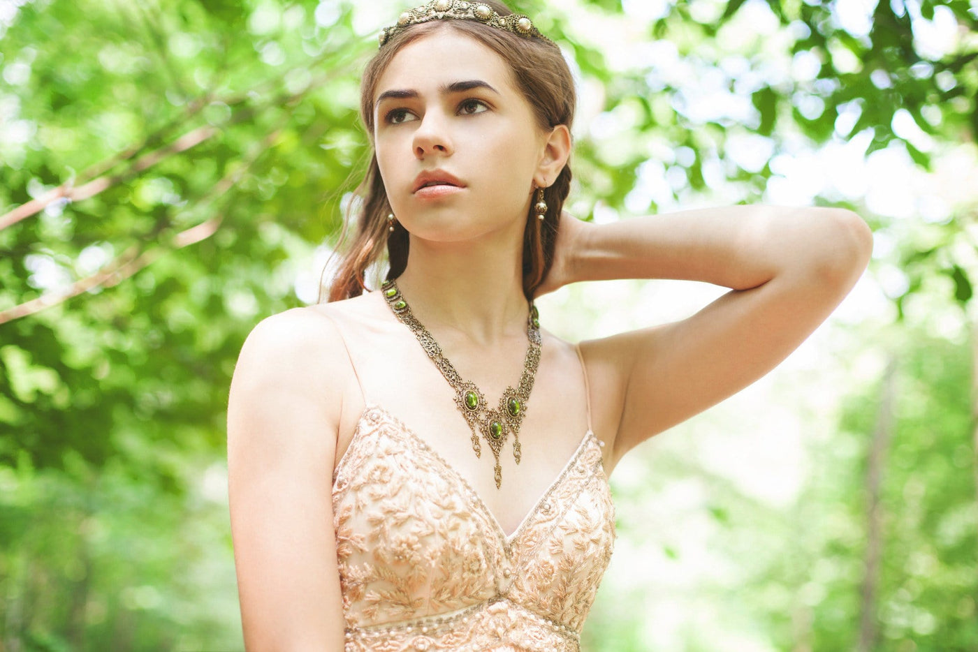 Chateau Necklace in Olivine and Antiqued Brass by Rabbitwood and Reason. Photo by La Candella Weddings