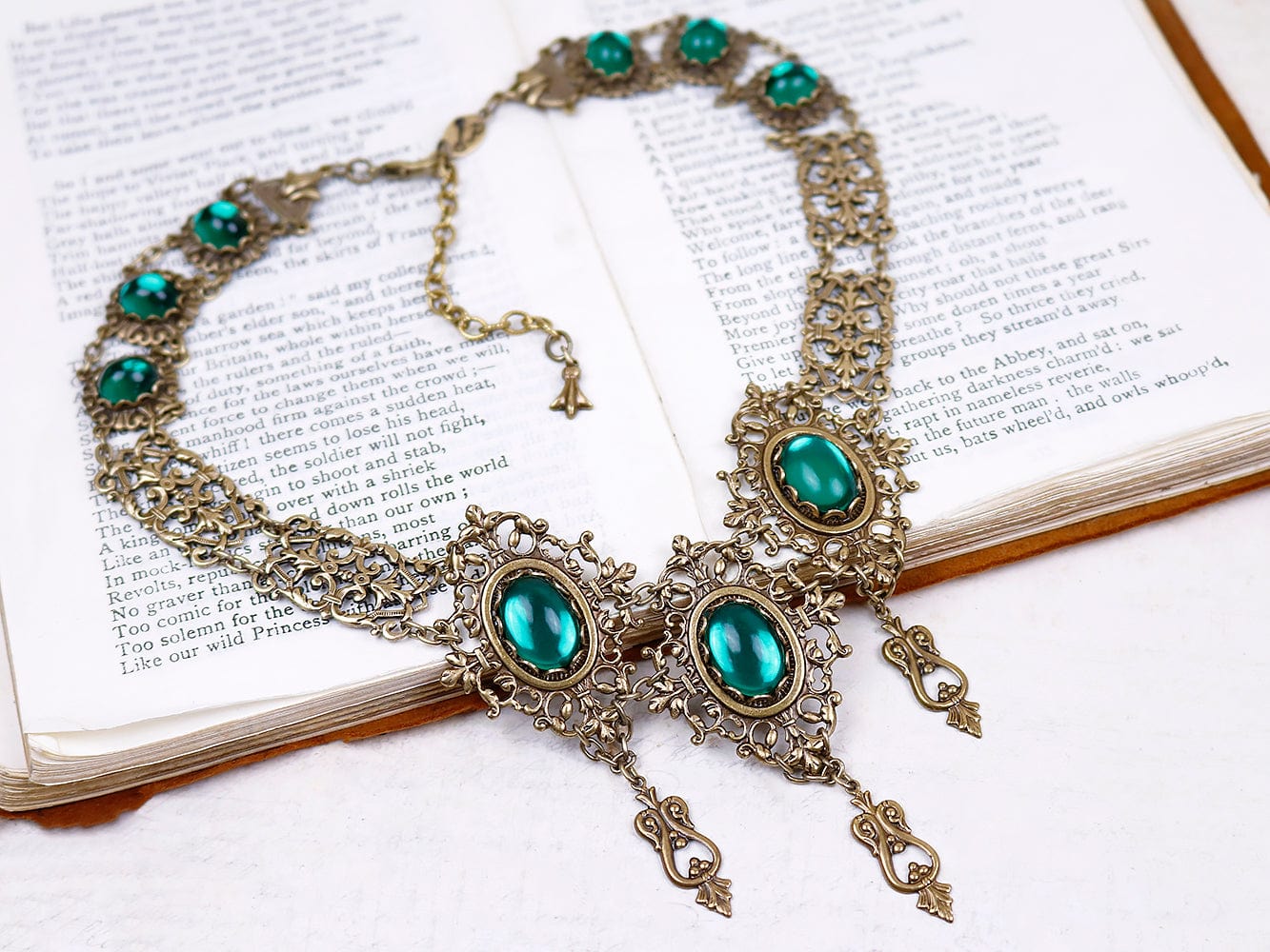 Chateau Necklace in Emerald and Antiqued Brass by Rabbitwood and Reason
