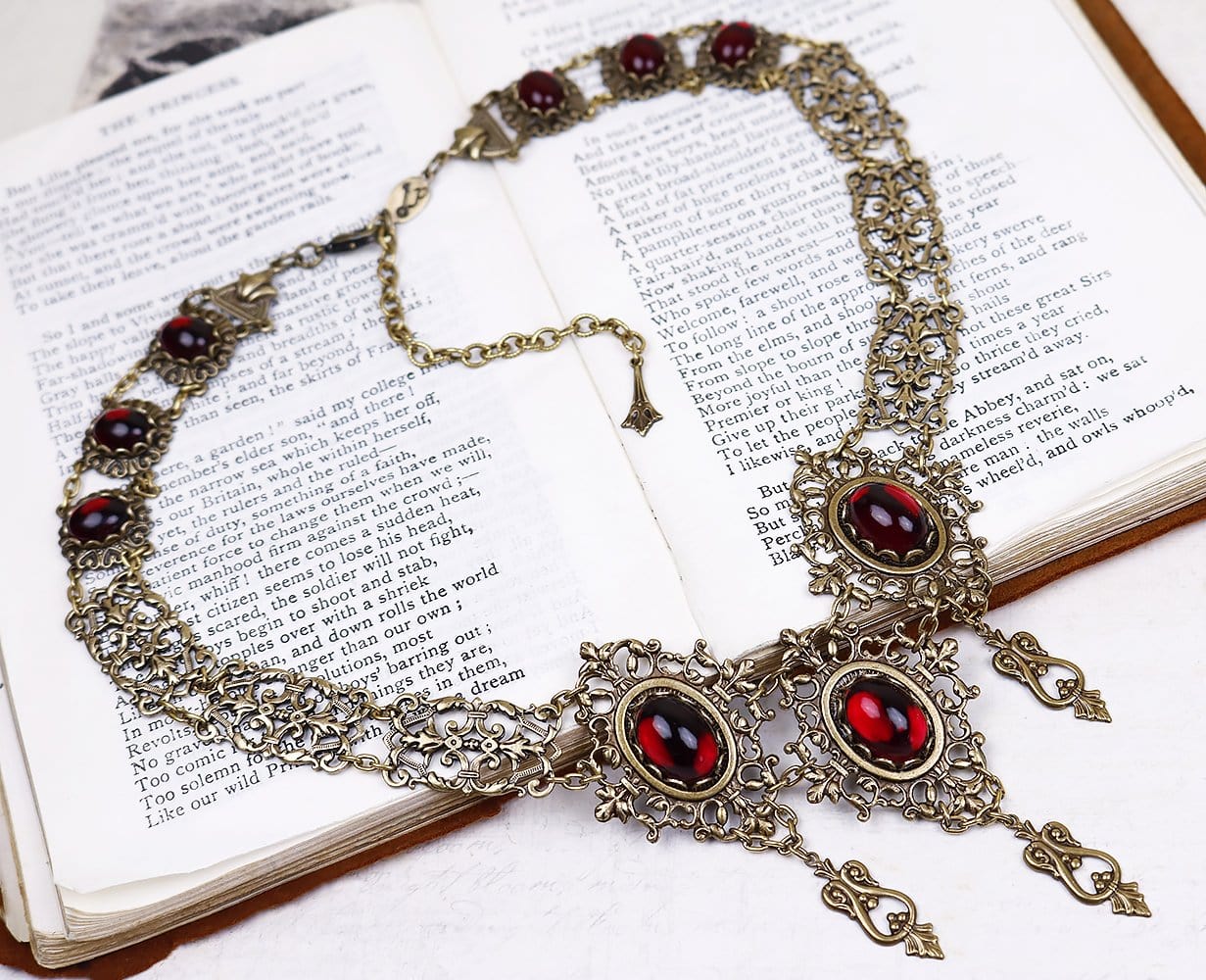Chateau Necklace in Garnet and Antiqued Brass by Rabbitwood and Reason