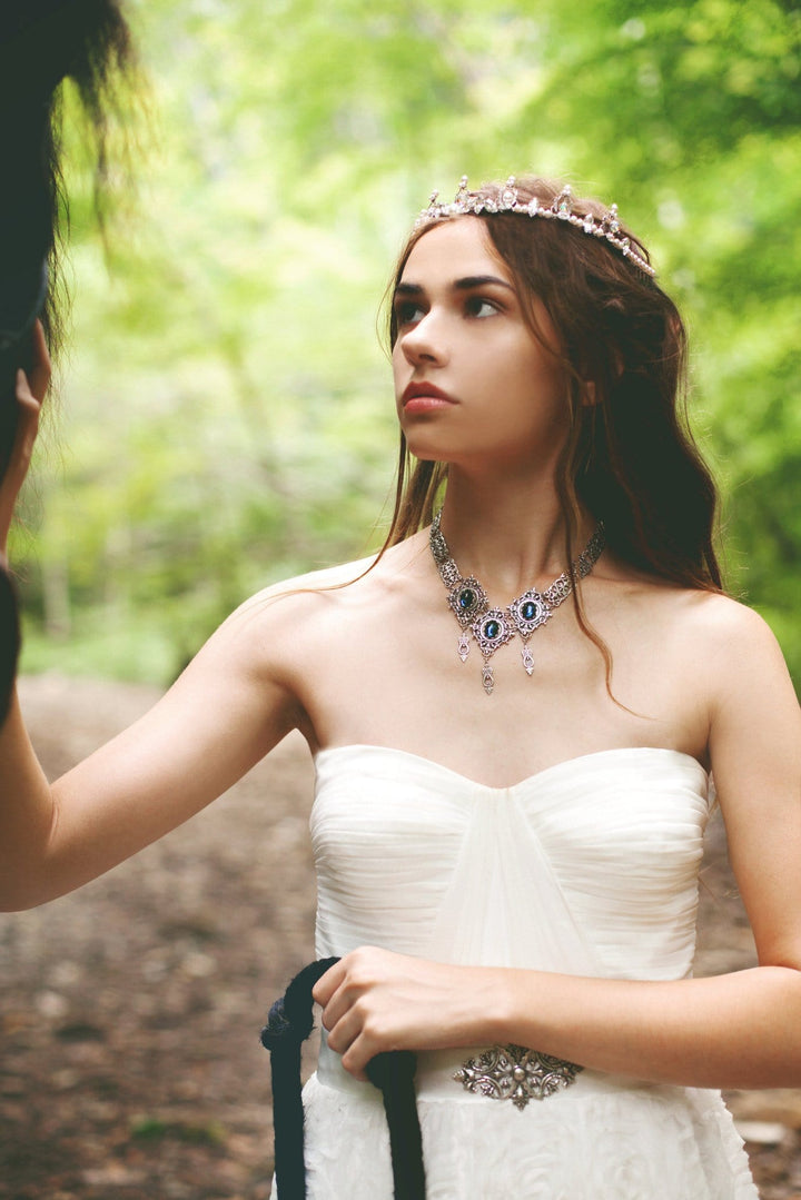 Chateau Necklace in Montana Blue and Antiqued Silver by Rabbitwood and Reason.  Photo by La Candella Weddings