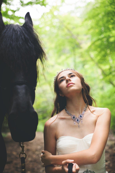 Chateau Necklace in Montana Blue and Antiqued Silver by Rabbitwood and Reason.  Photo by La Candella Weddings