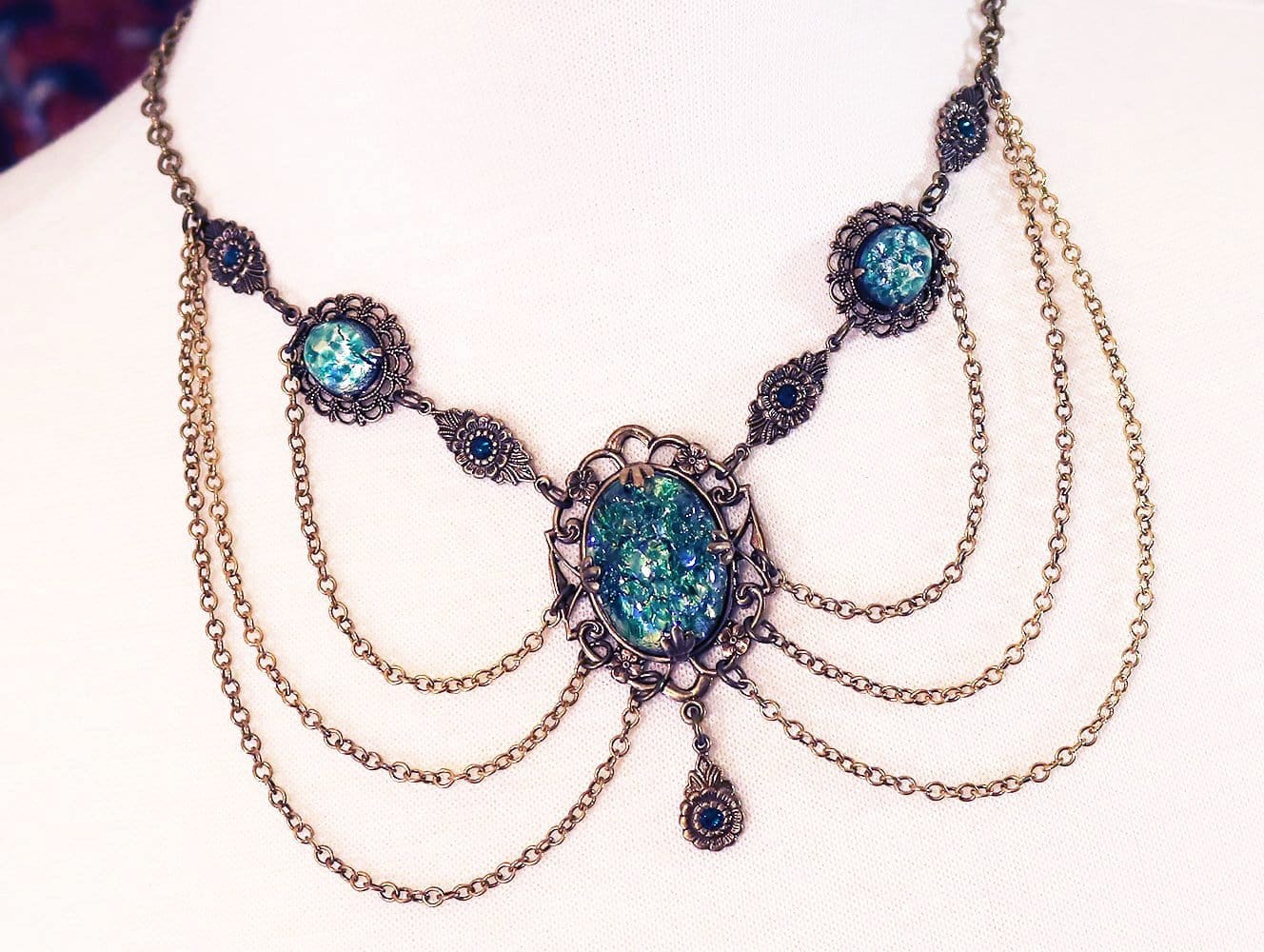 Drucilla Necklace in Emerald Opal and Antiqued Brass by Rabbitwood and Reason