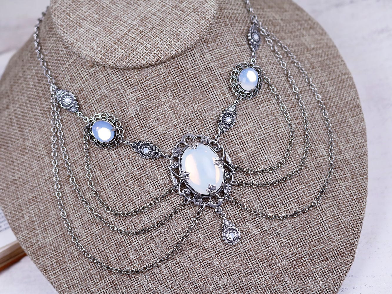 Drucilla Necklace in White Opal and Antiqued Silver by Rabbitwood and Reason