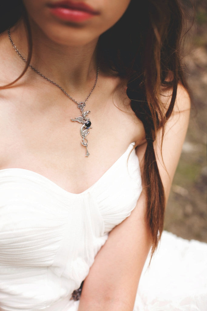 Gryphon Pendant Necklace - Twilight Blue - Antiqued Silver - Rabbitwood & Reason - Photo: La Candella Weddings