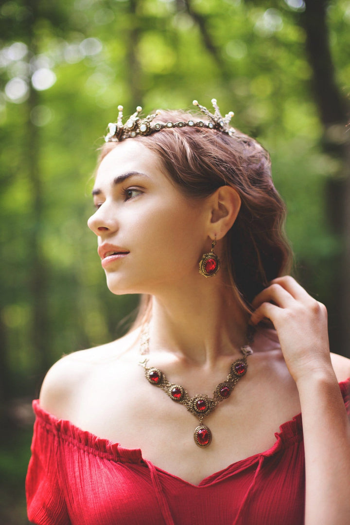 Lucia Necklace - Ruby - Antiqued Brass - Rabbitwood & Reason - Photo: La Candella Weddings