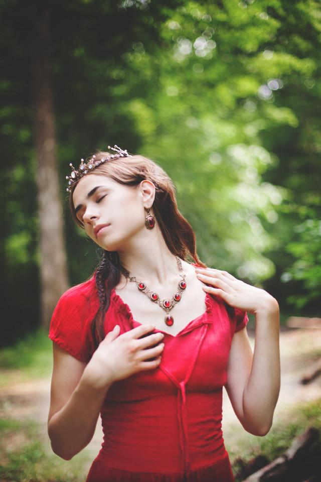 Lucia Necklace - Ruby - Antiqued Brass - Rabbitwood & Reason - Photo: La Candella Weddings