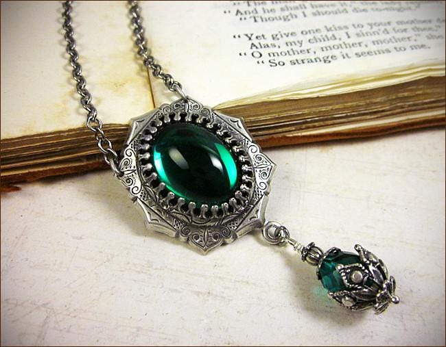 Medieval Pendant Necklace Antiqued Silver - Emerald - Rabbitwood & Reason