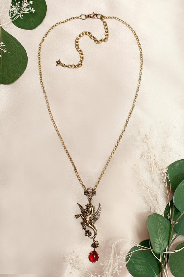 Poseidon's Steed Pendant Necklace - Ruby - Antiqued Brass - Rabbitwood & Reason