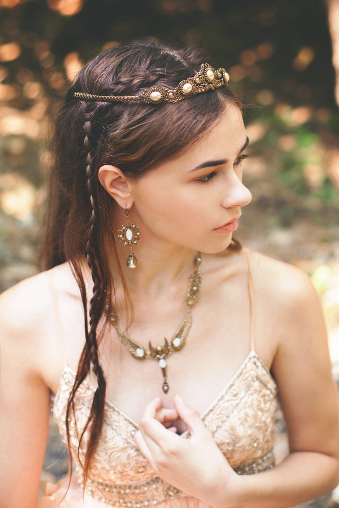 Valkyrie Necklace - White Opal - Antiqued Brass - Rabbitwood & Reason - Photo: La Candella Weddings