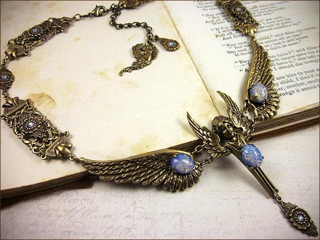 Valkyrie Necklace - Sky Blue Opal Art Glass - Antiqued Brass - Rabbitwood & Reason